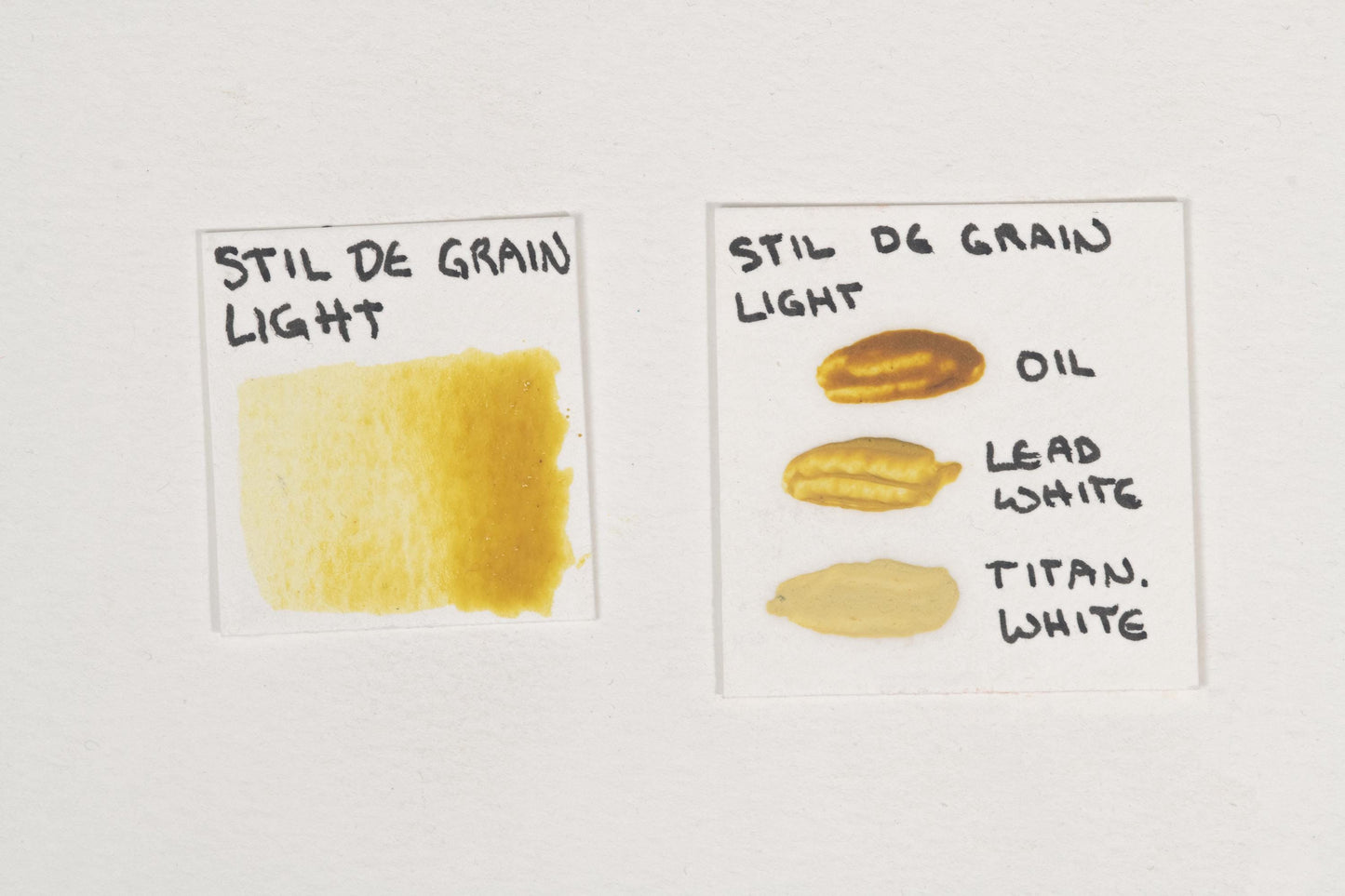 Stil de Grain Light pigment tested in watercolor using honey, in oil, and mixed with tints of titanium white and lead white. The image showcases its warm, golden-yellow hue, excellent transparency in watercolor, smooth blending in oil, and delicate tonal shifts with white pigments. A historic organic lake pigment derived from buckthorn berries, valued for its soft luminosity and use in classical painting. High-quality Stil de Grain Light swatches displayed for comparison.