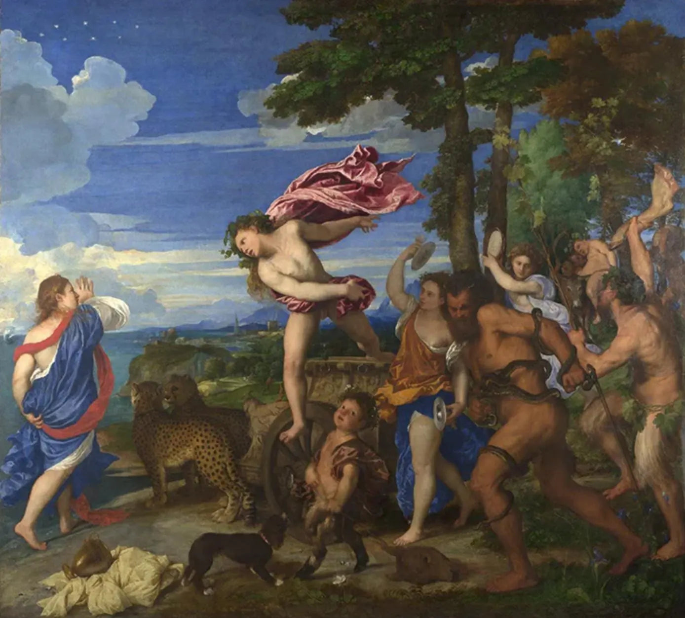 The image is a painting depicting a group of people in a lush, natural setting with a woman in a flowing red dress and a man in a blue robe. The painting is executed in the Baroque style, characterized by dramatic use of light and shadow, and a sense of movement and energy.