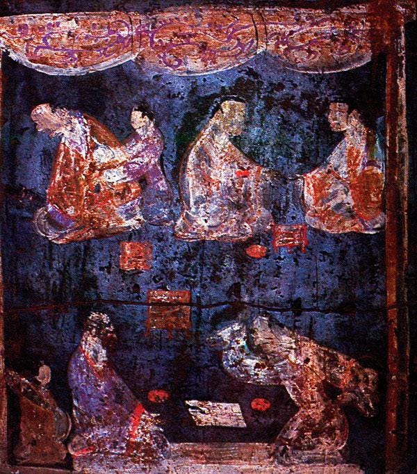 Provenance : Tomb at Zhu Village, Luoyang, Henan.
Current Location : Unknown.
Date : Eastern Han (25 CE ‚Äì 220 CE).
The two figures in the foreground are playing Liubo, with the playing mat between them, and the Liubo board to the side of the mat. The two red, circular objects next to the liubo board are probably intended to represent lacquer wine cups. The player on the right is taking his turn, with his right hand raised up as if about to throw down the six throwing sticks.