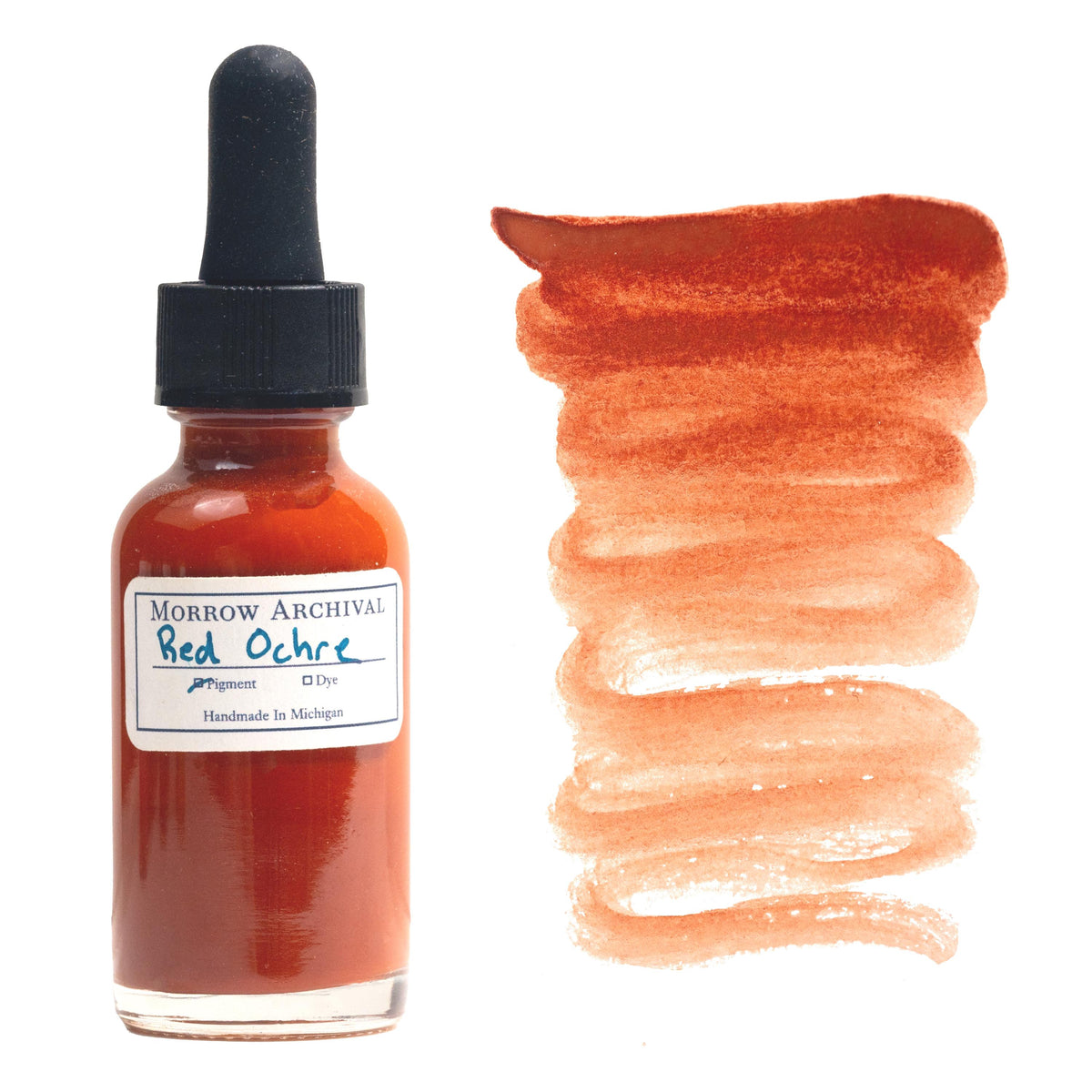 Natural watercolor ink made from Italian Red Ochre pigment, presented in a clear glass dropper bottle with a textured watercolor paper label and hand-painted swatch. This warm, earthy red ink is sourced from historic iron-rich deposits in Italy, offering a rich terracotta hue with soft opacity and smooth flow. The swatch beside the bottle reveals a gradient from deep red to pale clay. Archival quality and historically authentic, ideal for traditional art and manuscript work.