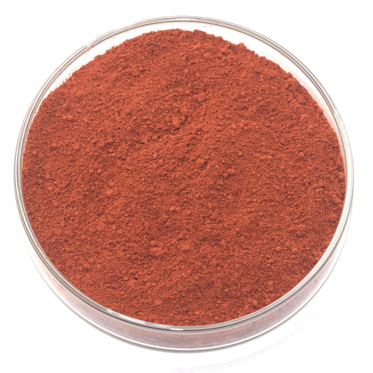 Deep red ochre pigment, a natural earth pigment with warm, earthy red tones. Highly lightfast and opaque, perfect for oil, watercolor, and tempera painting. Used since prehistoric times for fine art, iconography, and historical restoration. Finely ground for smooth application and rich, natural color. Ideal for artists seeking authentic, archival-quality pigments. Available in various sizes.