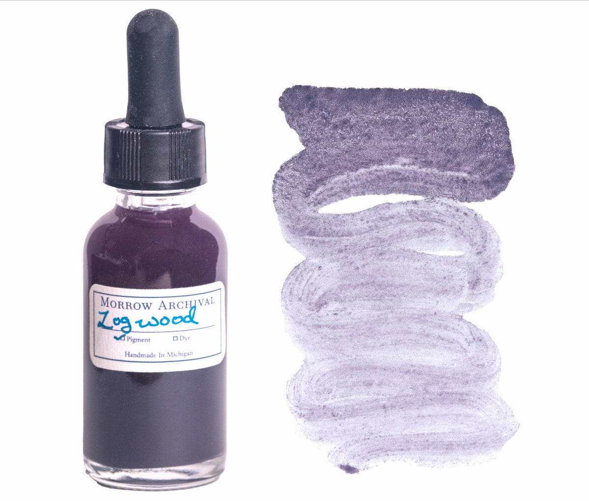 Logwood watercolor ink by Morrow Archival, crafted from sustainably sourced Haematoxylum campechianum heartwood. Shown in a glass dropper bottle with a moody violet-purple wash on watercolor paper. This historic natural dye was prized in the 17th–19th centuries for textiles and manuscripts. Handmade in small batches for artists seeking botanical authenticity, archival quality, and deep, shifting tones from a single natural pigment.
