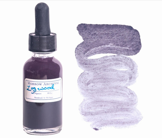 Logwood watercolor ink by Morrow Archival, crafted from sustainably sourced Haematoxylum campechianum heartwood. Shown in a glass dropper bottle with a moody violet-purple wash on watercolor paper. This historic natural dye was prized in the 17th–19th centuries for textiles and manuscripts. Handmade in small batches for artists seeking botanical authenticity, archival quality, and deep, shifting tones from a single natural pigment.