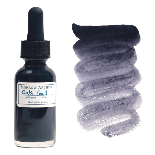 Traditional historical ink made from Aleppo oak galls and copperas (iron sulfate), housed in a clear glass dropper bottle with an archival watercolor paper label and hand-painted swatch. This natural tannin-iron ink produces a rich, cool-toned brown-black with excellent permanence and a flowing, transparent gradient. Used in medieval manuscripts and Renaissance documents, this ink is ideal for calligraphy, historical writing, and authentic period artwork.