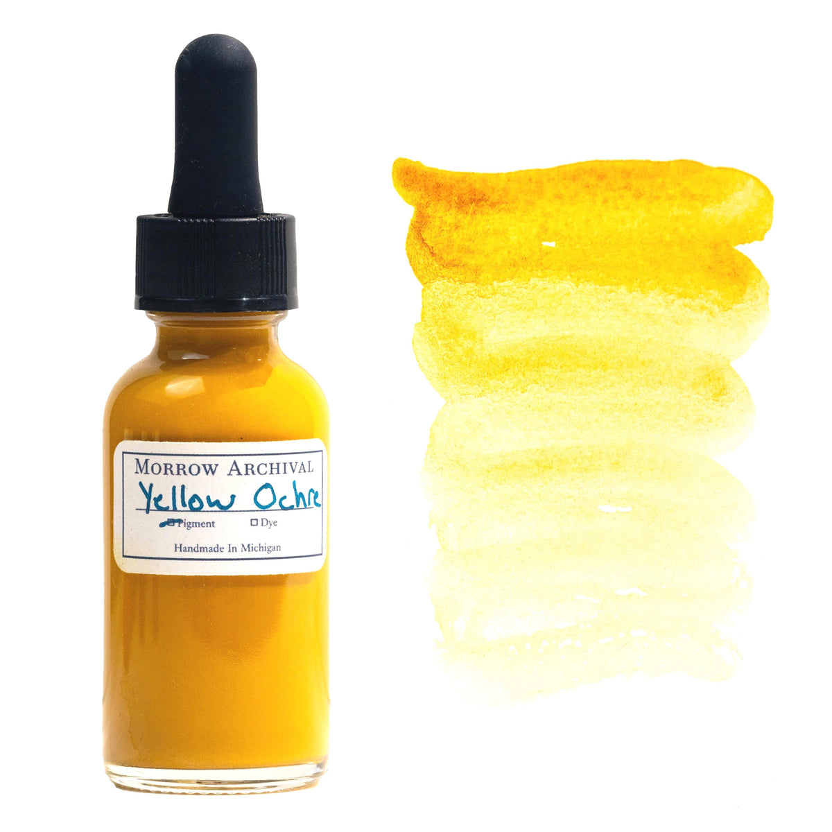 Natural watercolor ink made from Yellow Ochre earth pigment, housed in a clear glass dropper bottle with a hand-labeled archival watercolor paper tag and painted swatch. This classic golden-yellow ink is sourced from iron-rich natural deposits, offering a warm, earthy tone with soft opacity and smooth layering. The swatch shows a gradient from deep golden ochre to a light wheat wash. Archival quality, perfect for traditional art, historical illustration, and natural pigment work.